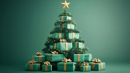 A festive green Christmas tree made of stacked gifts and decorations.