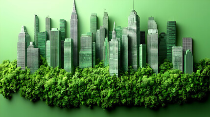 City skyline blended with lush greenery, symbolizing urban nature.