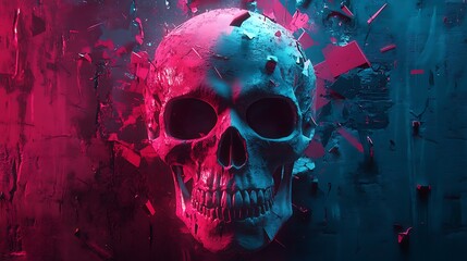 A skull split into angular, floating geometric fragments, surrounded by chaotic graffiti lines and splashes of vibrant paint. The pieces glow with neon colors, contrasting with the dark,
