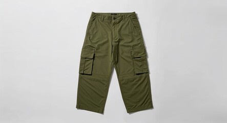 Olive green cargo pants with side pockets on plain white background