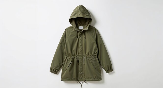 Olive green hooded parka with drawstring waist on plain white background