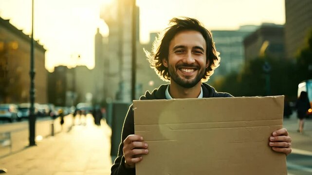 Young arabic man with a scruffy beard sits on a city sidewalk, smiling at the camera. He wears a threadbare hoodie and holds a cardboard sign