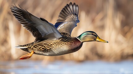 Obraz premium A mallard duck in flight over a natural landscape, showcasing its vibrant plumage and wings.