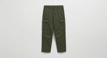 Olive green utility pants with side pockets on plain white background