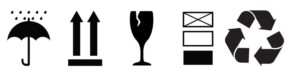 Packaging symbols set transparent background. Caution signs for package, handle with care, Used on the box or packaging