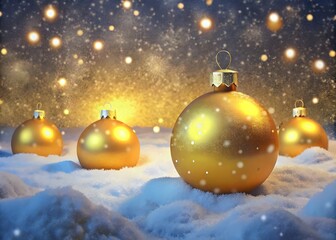 Golden Christmas Ornaments Snowy Background Festive Winter Wonderland Lights