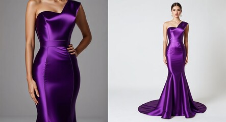 Purple satin mermaid gown with fitted waist on plain white background
