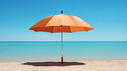 A solitary orange beach umbrella stands tall against a backdrop of azure waters and a cloudless sky, offering a welcome respite from the sun's warm embrace.