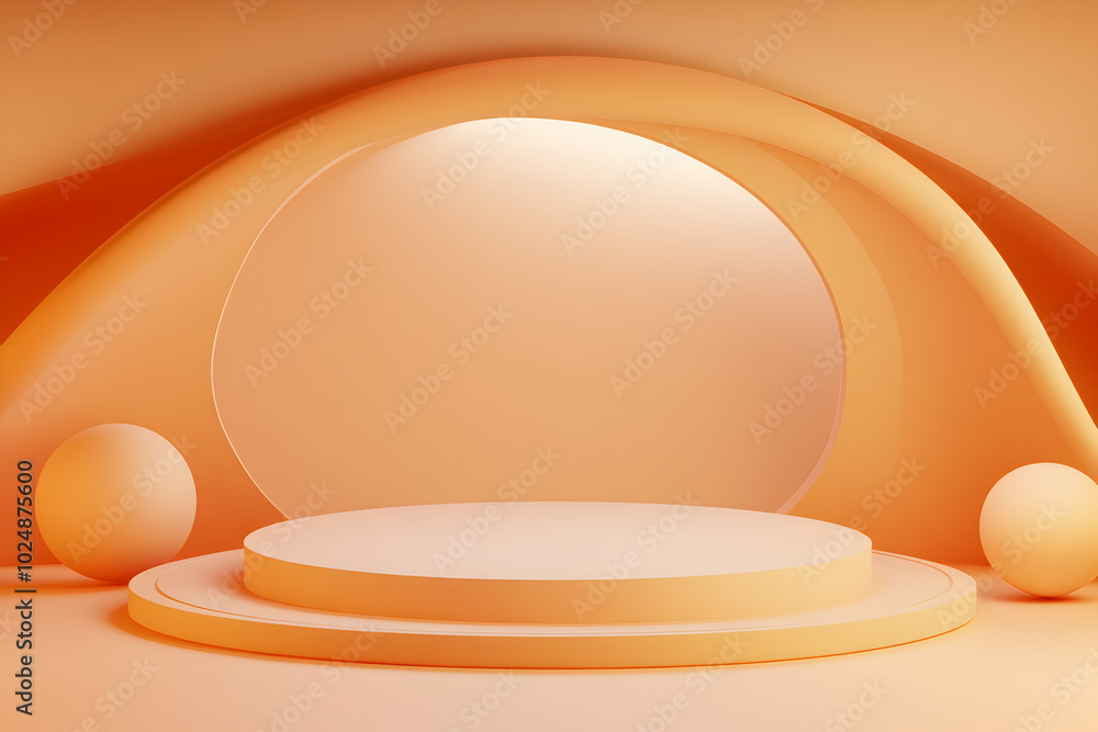 Aufkleber abstract 3d render of a round podium with a light orange background and two orbs.