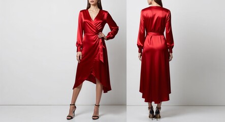 Red silk wrap dress with asymmetric hem on plain white background