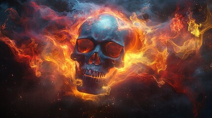A skull surrounded by abstract flames in vivid colors of red, yellow, and blue, glowing brightly against a smoky, dark background. The flames twist and curl around the skull,