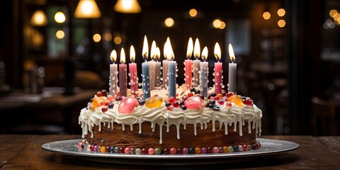 A Festive Cake Adorned With Multicolored Candies and Glowing Candles, Centered on a Silver Plate Against a Blurred Background of Warm Lights