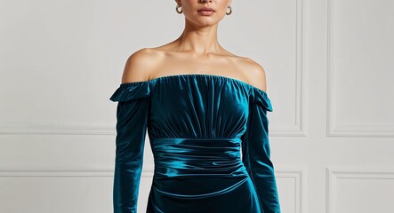 Teal velvet off shoulder dress with ruched waist on plain white background