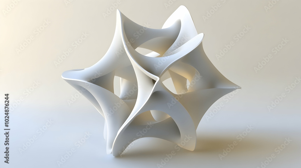 Poster abstract white geometric shape with a complex, interwoven structure against a plain white background