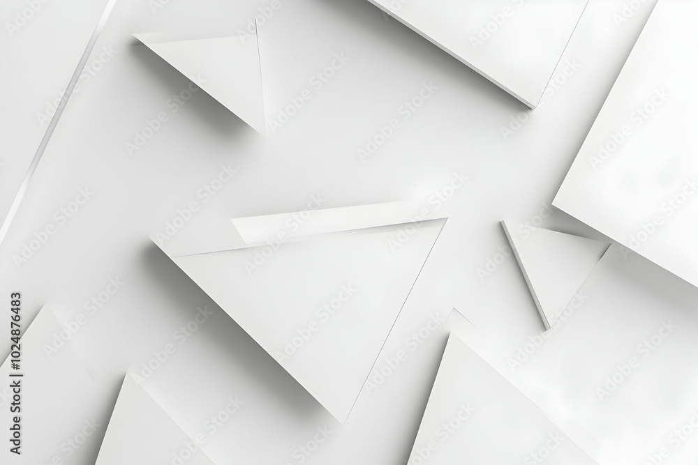 Poster abstract white geometric shapes with sharp edges and shadows on white background.