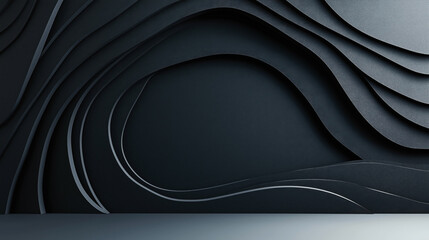 Obraz premium Abstract black layered background with overlapping waves creating a three-dimensional effect and elegant curves.