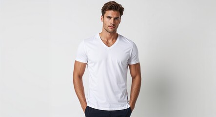 White cotton V neck T shirt with slim fit on plain white background