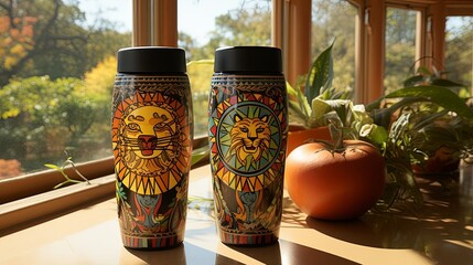 Two colorful tumblers with lion faces and intricate designs stand in a sunny windowsill beside a ripe tomato.