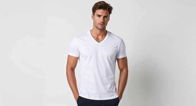 White cotton V neck T shirt with slim fit on plain white background