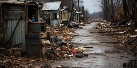 The weathered path leading through a debris-strewn landscape, past dilapidated structures and remnants of a forgotten life