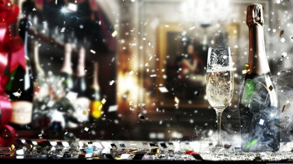 Champagne bottle and filled flute surrounded by glittering confetti, capturing the essence of celebration and luxury. ideal for festive events, parties, and special occasions, emphasizing elegance