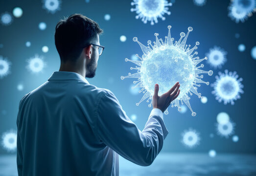 a scientist microbiologist geneticist studies a large model of a bacterium a molecule a virus a hologram