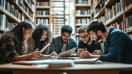 Students collaborate on a school project in the library, sharing ideas and resources