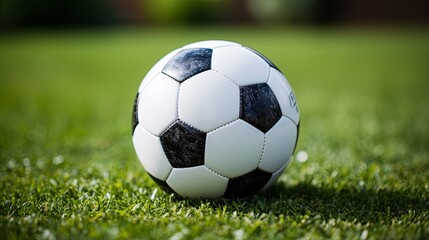 Fototapeta premium A close-up of a worn, black and white soccer ball resting on the lush green grass of a playing field, waiting for the next kick