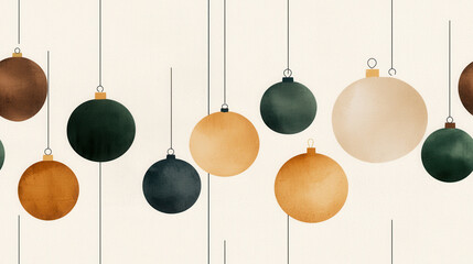 Colorful holiday ornaments hanging on strings against a light background.