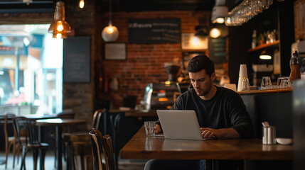 Busy middle aged man sitting at outdoor table using laptop. Mature manager hybrid working looking at computer outside office.
