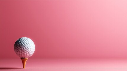 White golf ball resting on a wooden tee against a plain pink background in a minimalist composition, with the ball positioned on the left side of the image.