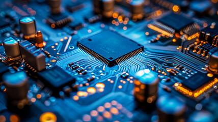 Close-up of a printed circuit board with intricate details and glowing lights at night