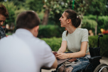 A young woman in a wheelchair is happily interacting with friends in a park setting. The scene conveys a sense of inclusion, joy, and social connection in an outdoor environment.