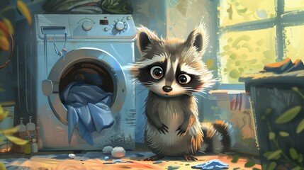 A charming cartoon raccoon engages in laundry amidst a bright, inviting space filled with scattered clothes and natural light