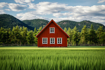 A red wooden house stands in a green field, with a backdrop of lush green hills and trees.