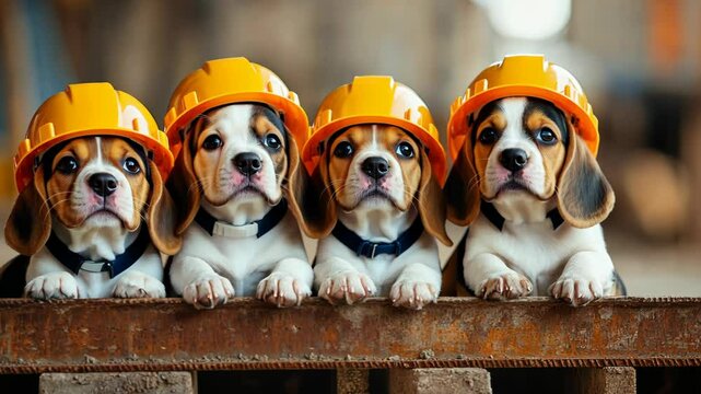 Four beagle puppies wearing yellow hard hats sit on a rusty metal beam