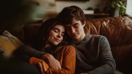 young couple cuddling on the sofa