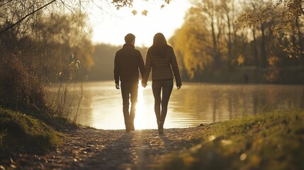 Fototapeta premium couple walking hand in hand along the river bank