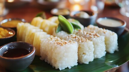 Delicious Sushi Platter with Sauces and Garnishes