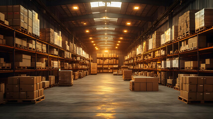 Obraz premium A spacious warehouse filled with stacked boxes on pallets.