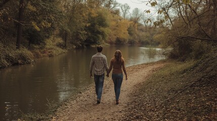 Fototapeta premium couple walking hand in hand along the river bank