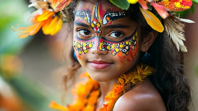 A young girl in Papua New Guinea wears traditional face paint and a flower crown