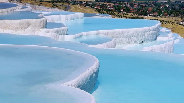 Travertines of Pamukkale - Denizli, Turkey. Natural pools and terraces made of travertine. Cotton castle. Hot blue springs, mineral waters forming limestone deposits of travertine. UNESCO. 4K