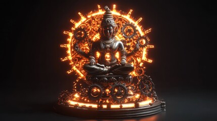 3D image of Lord Vishnu seated on a pedestal, with glowing gears forming a divine aura around him, symbolizing universal mechanics in a dark backdrop.