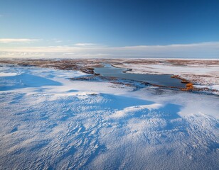Snowy Tundra Landscape Stretching Across a Flat Horizon, With Patches of Icy Blue Water and Frozen Marshlands, All Under a Pale Winter Sky