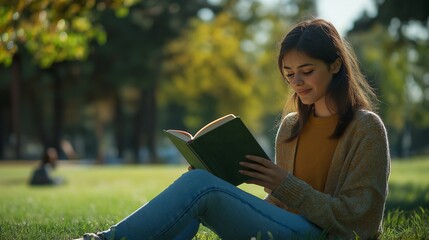 Obraz premium young woman reading a book in the park