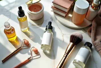 Beauty Products, Flat Lay. A collection of skincare and makeup products, including serums, a jade roller, a makeup brush, and a cream jar, arranged on a white marble surface.