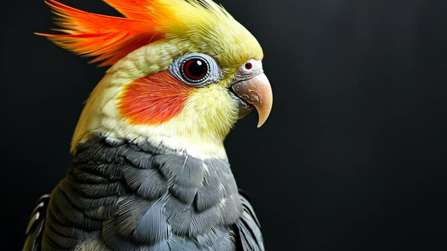 A cockatiel with bright orange and yellow feathers looks directly at the camera against a dark background