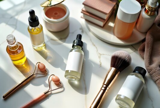 Beauty Products, Flat Lay. A collection of skincare and makeup products, including serums, a jade roller, a makeup brush, and a cream jar, arranged on a white marble surface.