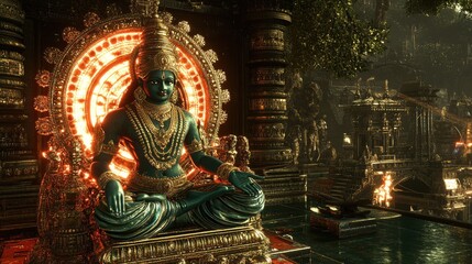 Fototapeta premium Divine image of Lord Vishnu seated on a pedestal, with gears and cogs glowing in the background, adding a celestial mechanical touch against the darkness.